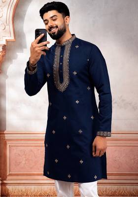 Navy blue embroidered kurta payjama for mens' traditional looks 3