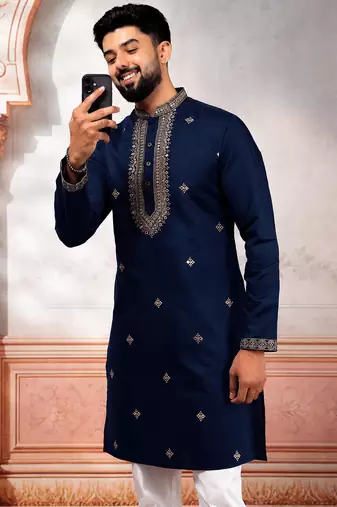 Navy blue embroidered kurta payjama for mens' traditional looks