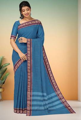Steel blue & dark plum chettinad cotton saree with running blouse 1