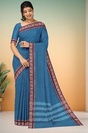 Steel blue & dark plum chettinad cotton saree with running blouse
