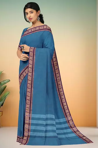 Steel blue & dark plum chettinad cotton saree with running blouse