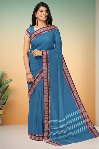Steel blue & dark plum chettinad cotton saree with running blouse