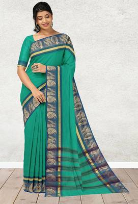 Light green & denim blue chettinad cotton saree with running blouse 1