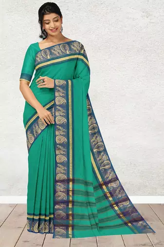 Light green & denim blue chettinad cotton saree with running blouse