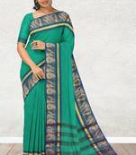 Light green & denim blue chettinad cotton saree with running blouse