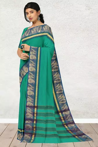 Light green & denim blue chettinad cotton saree with running blouse
