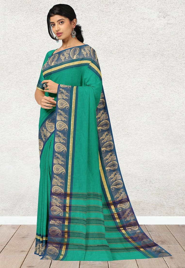 Light green & denim blue chettinad cotton saree with running blouse