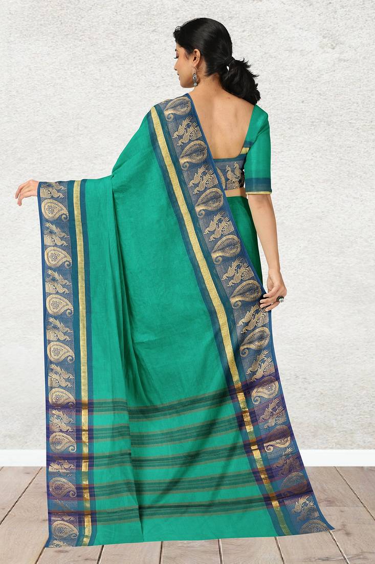 Light green & denim blue chettinad cotton saree with running blouse