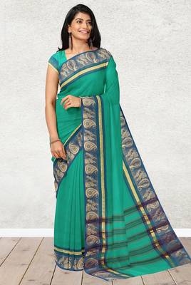 Light green & denim blue chettinad cotton saree with running blouse 4