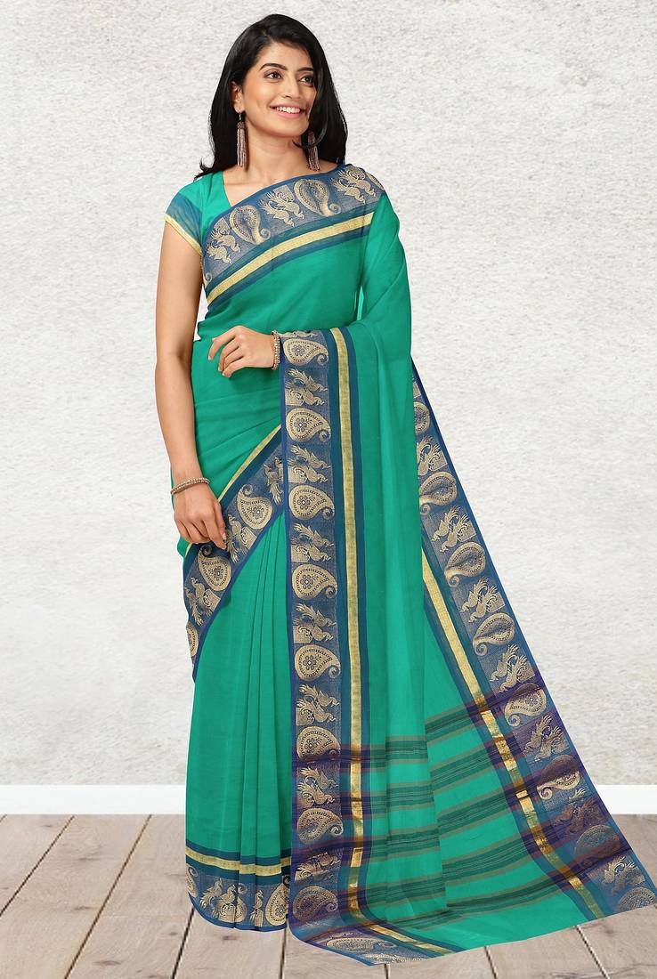 Light green & denim blue chettinad cotton saree with running blouse