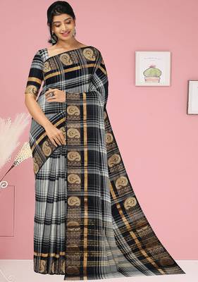 Smokey grey/silver mist & jet black chettinad cotton saree with running blouse 1