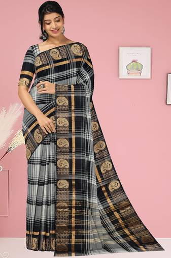 Smokey grey/silver mist & jet black chettinad cotton saree with running blouse