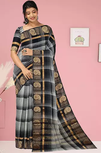 Smokey grey/silver mist & jet black chettinad cotton saree with running blouse