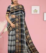 Smokey grey/silver mist & jet black chettinad cotton saree with running blouse