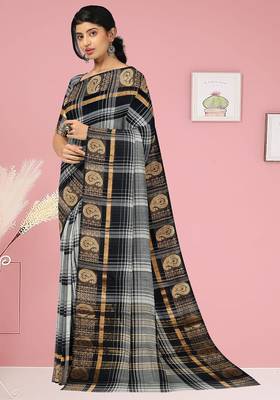 Smokey grey/silver mist & jet black chettinad cotton saree with running blouse 2