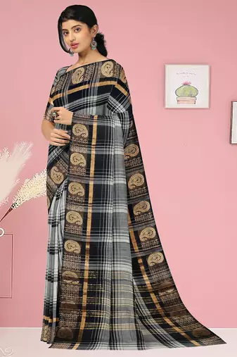 Smokey grey/silver mist & jet black chettinad cotton saree with running blouse