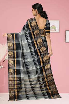 Smokey grey/silver mist & jet black chettinad cotton saree with running blouse 3
