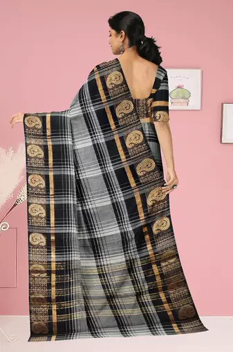 Smokey grey/silver mist & jet black chettinad cotton saree with running blouse