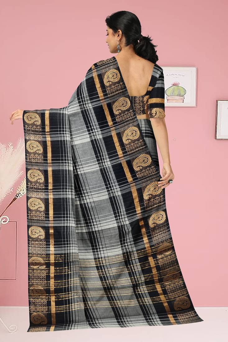 Smokey grey/silver mist & jet black chettinad cotton saree with running blouse