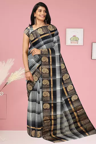Smokey grey/silver mist & jet black chettinad cotton saree with running blouse
