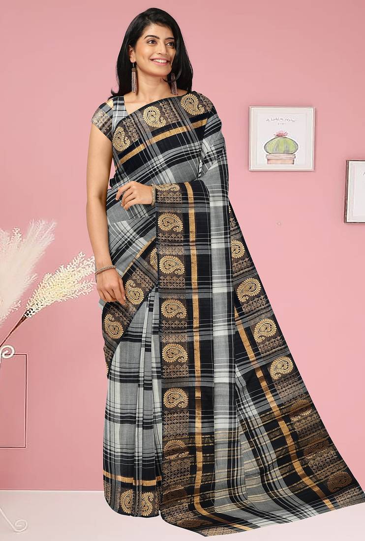 Smokey grey/silver mist & jet black chettinad cotton saree with running blouse