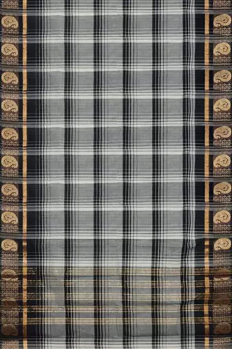 Smokey grey/silver mist & jet black chettinad cotton saree with running blouse