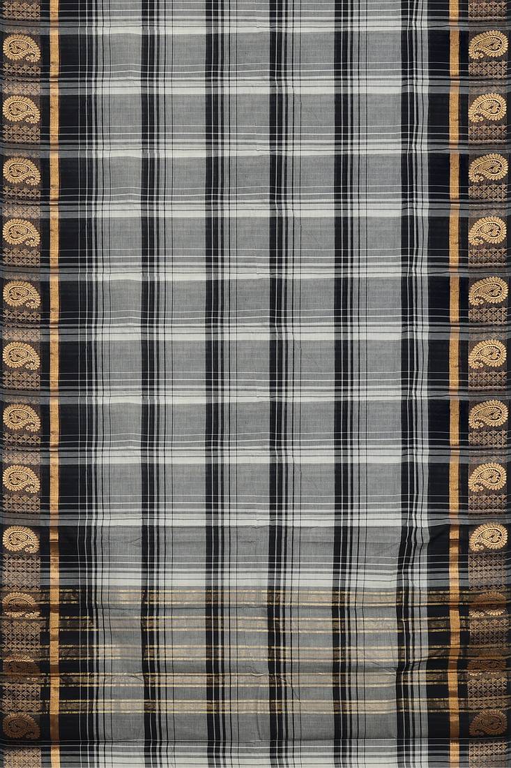 Smokey grey/silver mist & jet black chettinad cotton saree with running blouse