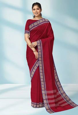 Indian postal/crimson red & royal blue chettinad cotton saree with running blouse 1
