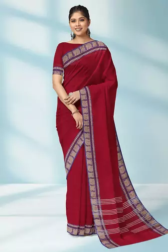 Indian postal/crimson red & royal blue chettinad cotton saree with running blouse
