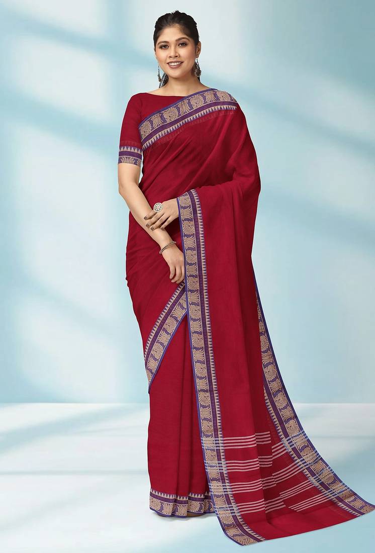 Indian postal/crimson red & royal blue chettinad cotton saree with running blouse
