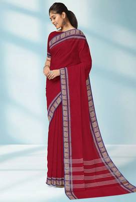 Indian postal/crimson red & royal blue chettinad cotton saree with running blouse 2