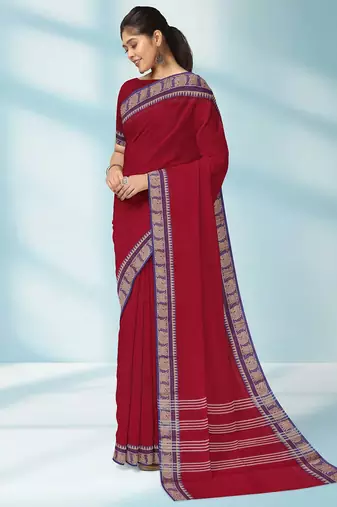 Indian postal/crimson red & royal blue chettinad cotton saree with running blouse