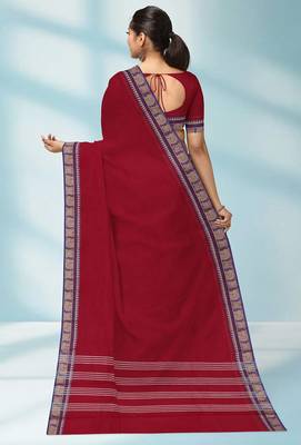 Indian postal/crimson red & royal blue chettinad cotton saree with running blouse 3