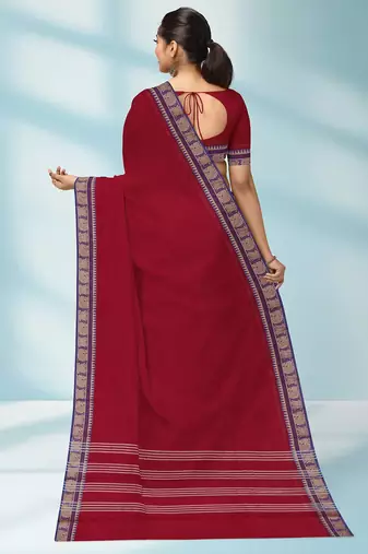 Indian postal/crimson red & royal blue chettinad cotton saree with running blouse