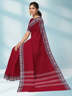 Indian postal/crimson red & royal blue chettinad cotton saree with running blouse 4