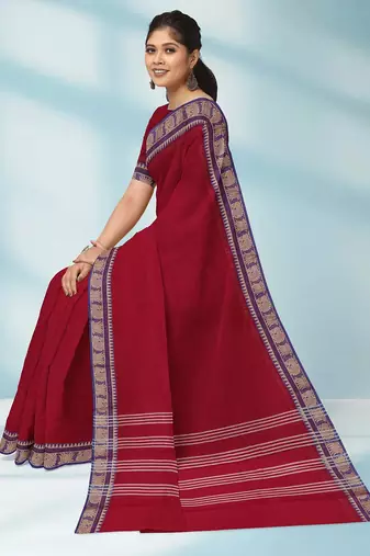 Indian postal/crimson red & royal blue chettinad cotton saree with running blouse