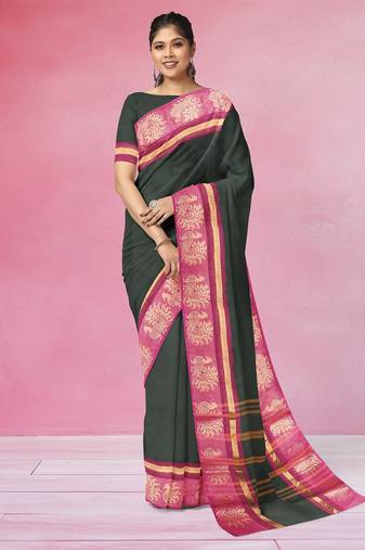 Jungle/forest green & rani pink chettinad cotton saree with running blouse