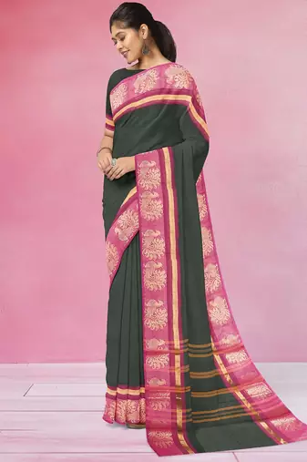 Jungle/forest green & rani pink chettinad cotton saree with running blouse