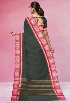 Jungle/forest green & rani pink chettinad cotton saree with running blouse 3