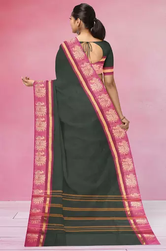 Jungle/forest green & rani pink chettinad cotton saree with running blouse