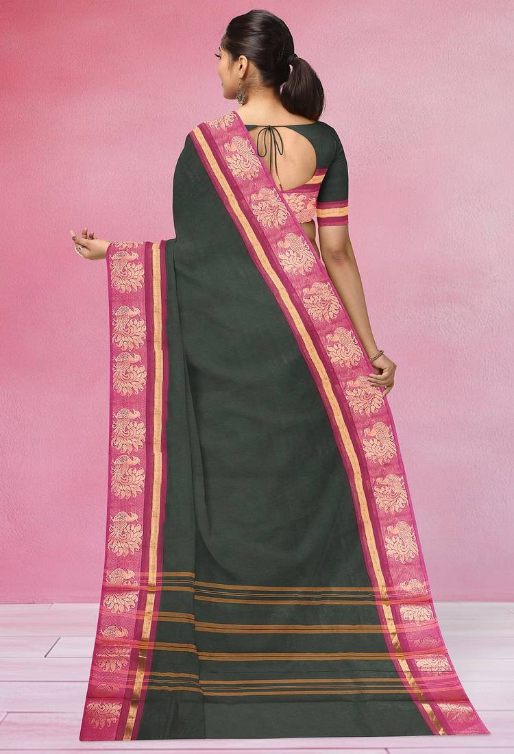 Jungle/forest green & rani pink chettinad cotton saree with running blouse