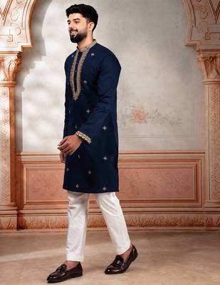 Navy blue embroidered kurta payjama for mens' traditional looks 4
