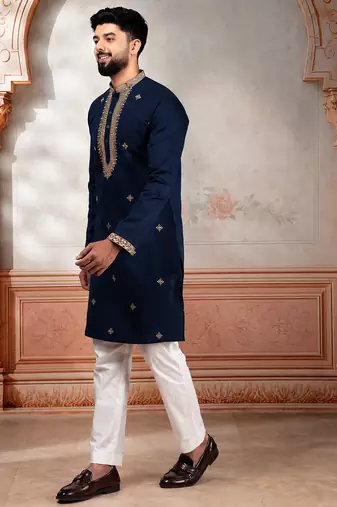 Navy blue embroidered kurta payjama for mens' traditional looks