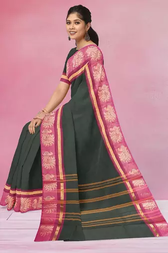 Jungle/forest green & rani pink chettinad cotton saree with running blouse