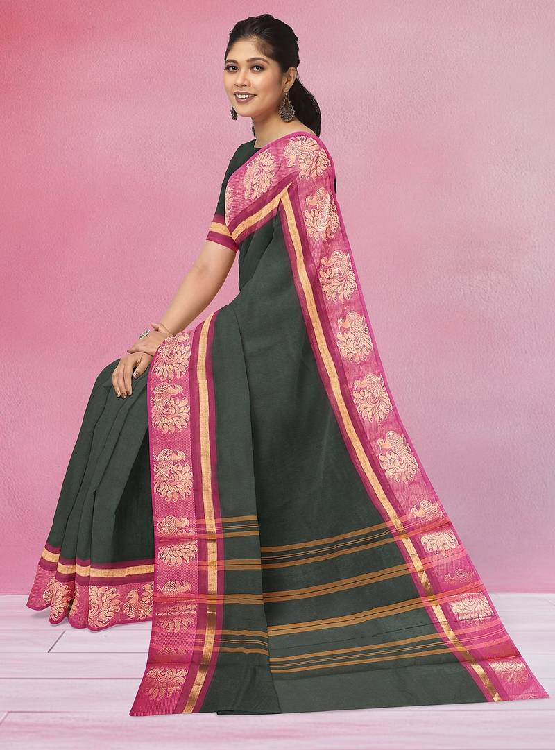 Jungle/forest green & rani pink chettinad cotton saree with running blouse