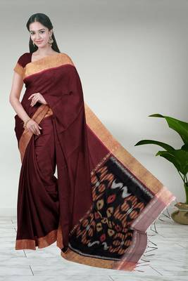 Royal merlot & burnished gold pochampally ikat cotton saree with running blouse 1