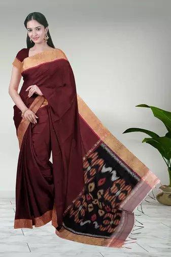 Royal merlot & burnished gold pochampally ikat cotton saree with running blouse