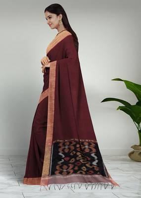 Royal merlot & burnished gold pochampally ikat cotton saree with running blouse 2