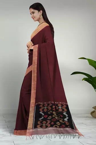 Royal merlot & burnished gold pochampally ikat cotton saree with running blouse