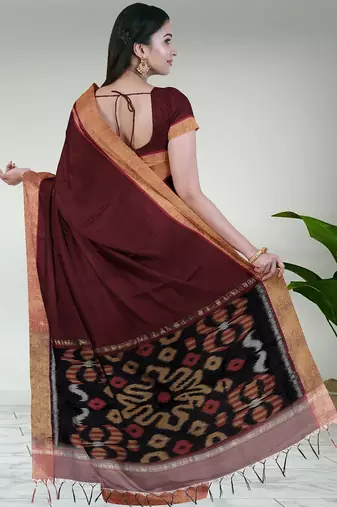 Royal merlot & burnished gold pochampally ikat cotton saree with running blouse